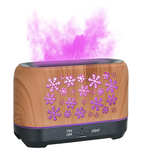 Wood grain humidifier with snowflake pattern, emitting blue flame-like mist, shown with remote control and other color options. - Image 8