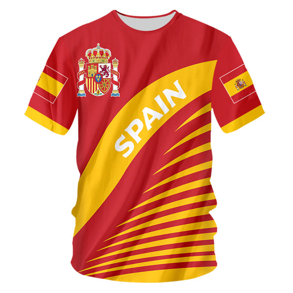 Yellow short-sleeve t-shirt with the colorful Coat of Arms of Spain printed on the front and sleeves.