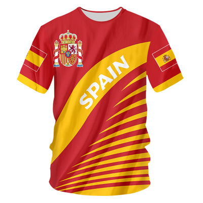Yellow short-sleeve t-shirt with the colorful Coat of Arms of Spain printed on the front and sleeves.
