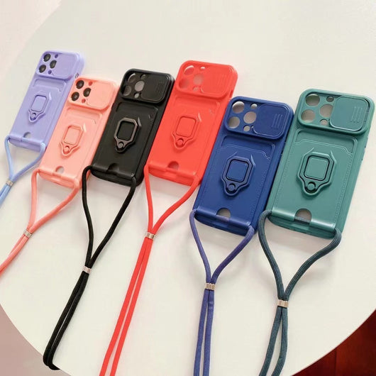 Funda Protectora con Anillo, Correa y Soporte Diagonal para Teléfono
