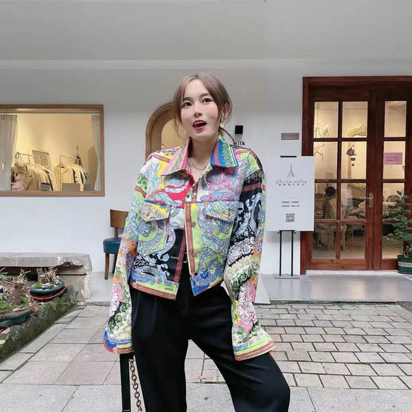 Chaqueta Denim Cardigan con Estampado de Colores y Solapa