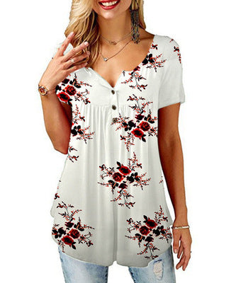 Camiseta Cuello V Estampada para Mujer - Manga Corta Europeo Americano