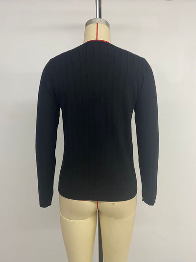 Suéter Negro Mujer Cuello V Rayas Hundidas Estilo Europeo Americano - Image 18