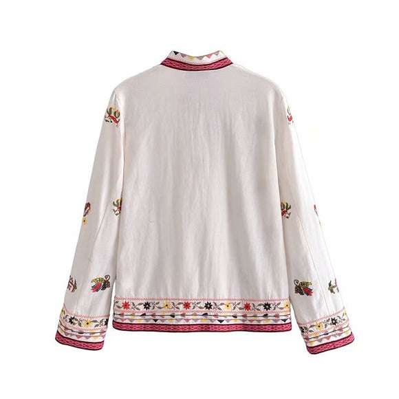 Camisa Étnica Casual con Cuello Mao y Bordado Artesanal