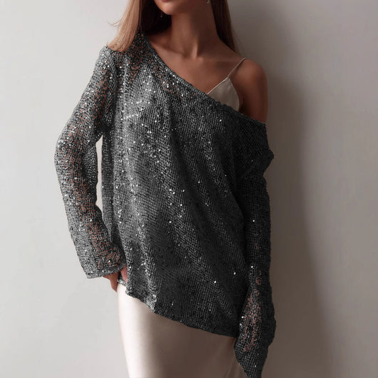 Blusa Suéter Holgada con Lentejuelas y Detalles Calados - Image 6