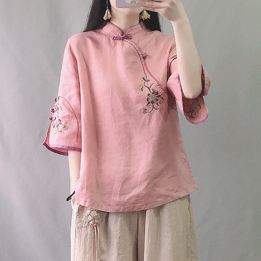 Blusa Tradicional China con Bordado y Cierre Retro en Algodón y Lino - Image 3