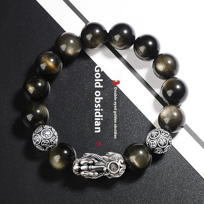 Pulsera de Obsidiana Natural Tropas Valientes Plata S999 para Hombre
