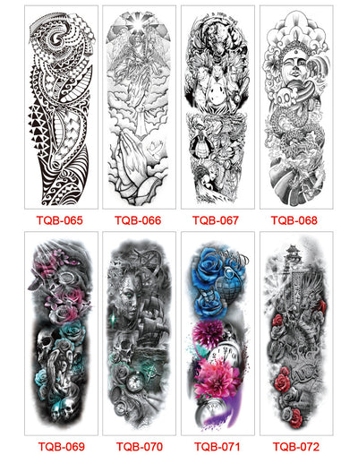 Full arm temporary tattoo sticker with a black, red, and light blue tribal design, featuring abstract shapes and patterns. - Image 65