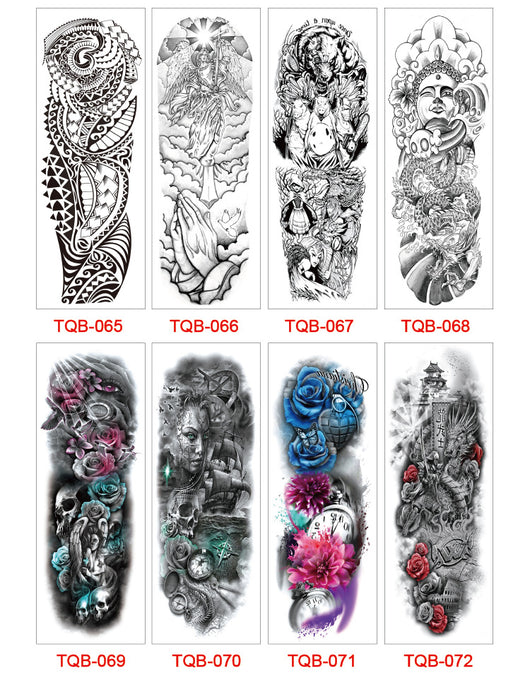 Full arm temporary tattoo sticker with a black, red, and light blue tribal design, featuring abstract shapes and patterns. - Image 65
