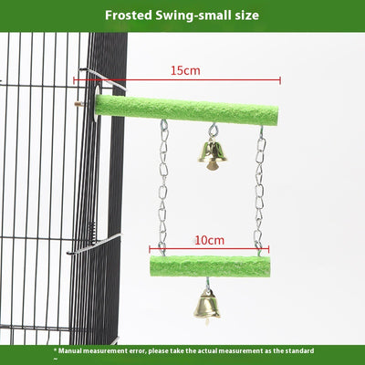 Colorful parrot swing toy with a natural wood perch, an arch of multicolored beads, and two small bells. - Image 5
