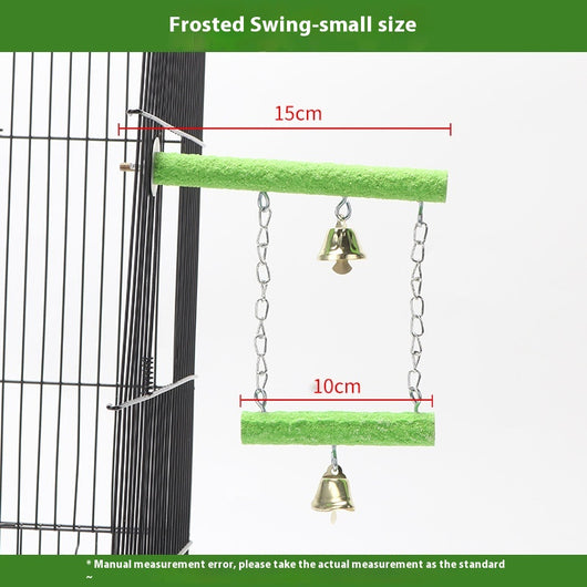 Colorful parrot swing toy with a natural wood perch, an arch of multicolored beads, and two small bells. - Image 5