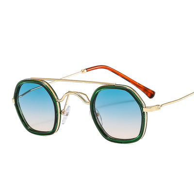 Green hexagonal frame sunglasses with blue to peach gradient lenses and gold-tone double bridge and temples. - Image 9
