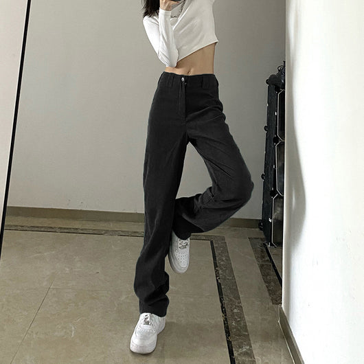 Pantalón Casual de Pana Talle Alto Corte Recto Color Sólido - Image 6