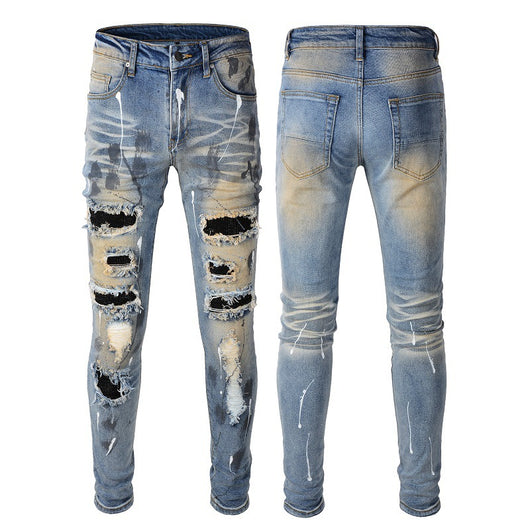 Jeans Vintage con Parches de Strass y Tinta Splash - Estilo Europeo Americano - Image 4