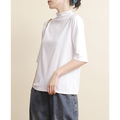Blusa de Algodón Manga Media Suelta Cuello Alto Estilo Literario - Image 16
