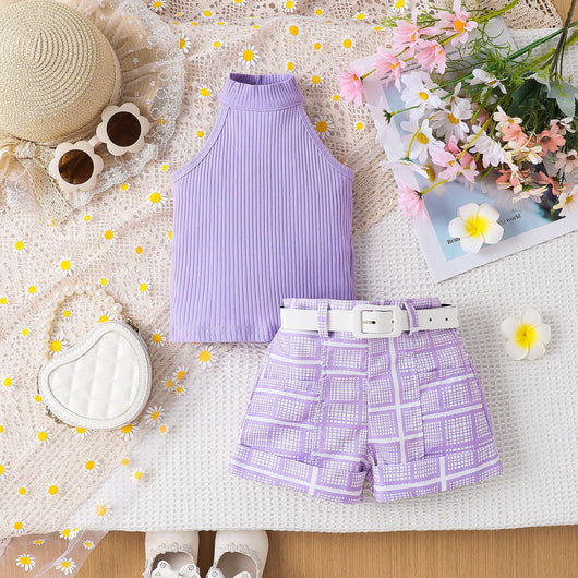 Conjunto Infantil de Shorts Estampados con Cinturón y Top Halter de Color Liso - Image 12