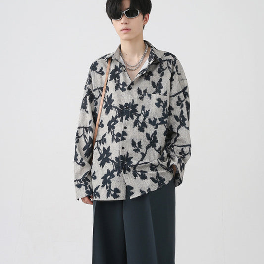 Camisa Vintage Jacquard Contraste Efecto Desgaste Manga Larga