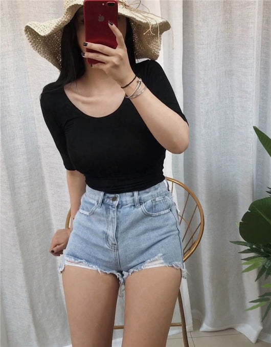 Blusa Modal Elástica Cinco Puntos - Manga Corta Mujer Color Sólido - Image 20