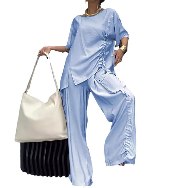 Conjunto de Verano: Blusa Cuello Redondo y Pantalón Casual para Mujer