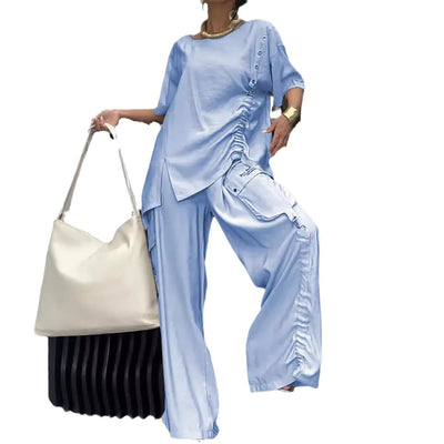 Conjunto de Verano: Blusa Cuello Redondo y Pantalón Casual para Mujer - Image 2