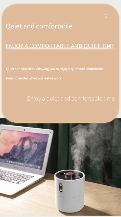 White cylindrical desktop humidifier with rose gold accents, black top, and front control buttons. - Image 19