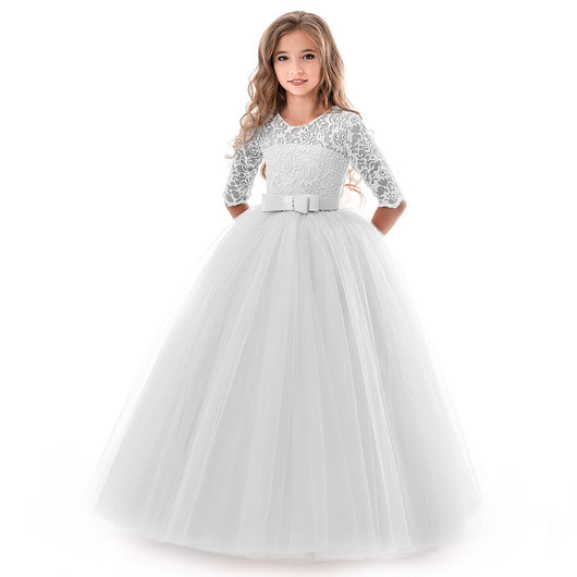 Vestido Infantil de Manga Larga para Dama de Honor - Falda Floral Elegante - Image 10