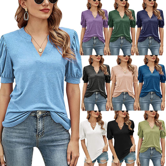 Blusa Casual Mujer Cuello V con Mangas Abullonadas Suelta