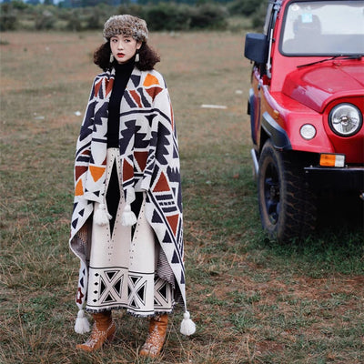 Chal Tejido Bohemio Étnico para Mujer - Poncho Versátil de Estilo Artesanal