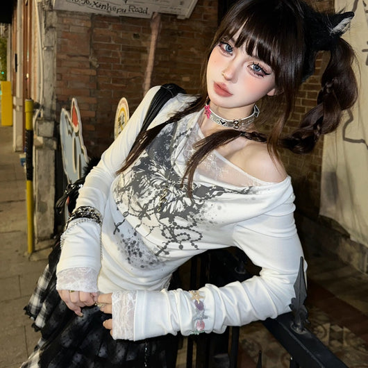 Blusa de Manga Larga con Encaje y Escote en V para Mujer
