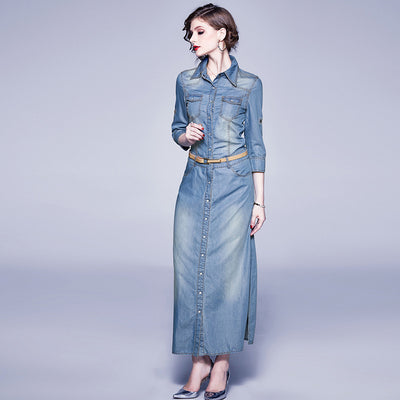 Vestido Denim Tencel Azul Slim con Solapa y Detalles de Abertura - Image 3