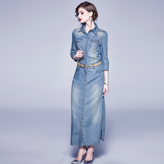 Vestido Denim Tencel Azul Slim con Solapa y Detalles de Abertura - Image 3