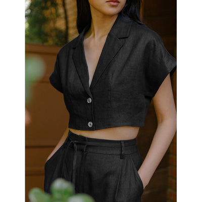 Camisa de Lino con Cuello Solapa y Manga Corta - Image 5