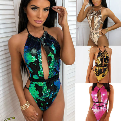 Traje de Baño Enterizo con Lentejuelas y Cuello Halter Ajustable - Image 5