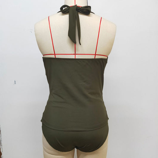 Olive green halter neck tankini swimsuit with a V-neck top and high-waisted bottoms on a model. - Image 20