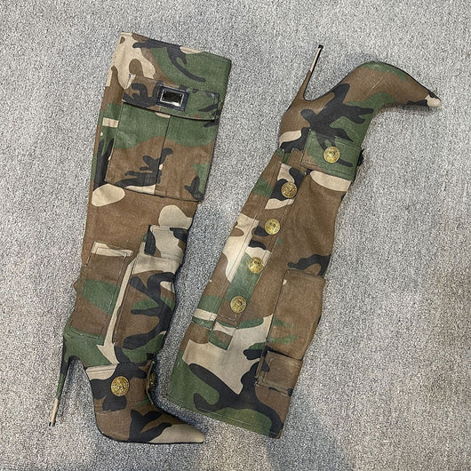 Botas Stiletto Camuflaje Personalizadas Over-the-knee Punta Aguda