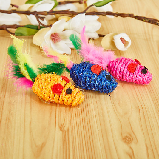 Set of three colorful sisal mouse cat toys with feather tails, packaged in clear plastic.