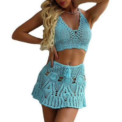 Light beige crochet bikini set with a halter crop top and a matching open-knit mini skirt with tassels. - Image 4