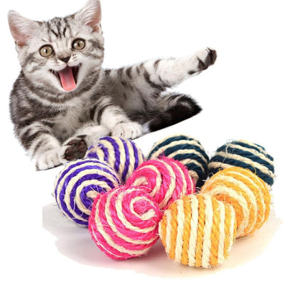 Eight colorful sisal cat scratching balls in purple, teal, hot pink, and yellow stripes on a white background. - Image 8