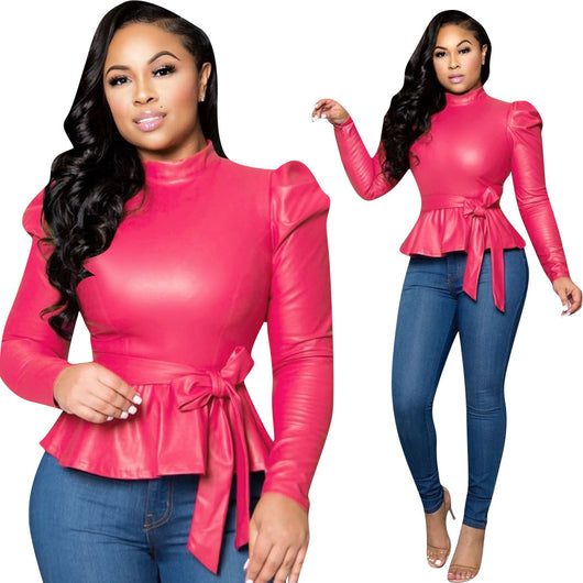 Blusa Cuello Alto Peplum en Cuero Genuino - Envío Gratis - Image 19