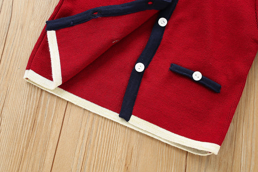 Conjunto Infantil Coreano Cardigan Tejido Liso Dos Piezas con Falda - Image 11