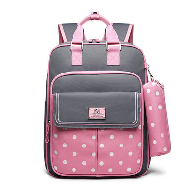 Blue kids' school backpack with white star pattern, front pocket, and matching pencil case. Measures 40x30x13cm. - Image 13