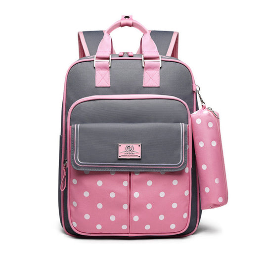 Blue kids' school backpack with white star pattern, front pocket, and matching pencil case. Measures 40x30x13cm. - Image 13