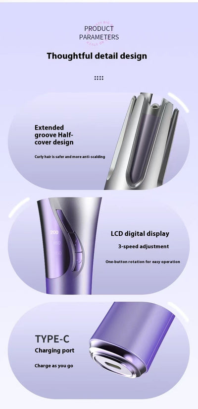 Gradient purple wireless automatic hair curler with a sleek design, one-button start, and three-speed adjustment. - Image 22