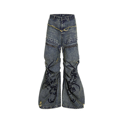 Jeans Vintage Desgastado con Cremallera y Bordados Plisados - Image 7