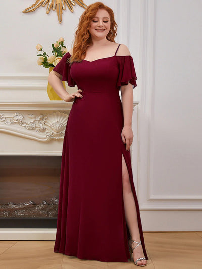 Vestido de Dama de Honor Talla Grande con Hombro Descubierto y Abertura Lateral - Image 9