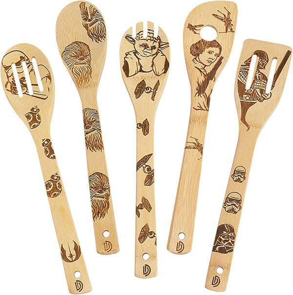 Set de 5 utensilios de cocina de madera Star Wars – Cucharas grabadas estilo quemado, ideal para regalos divertidos y decoración temática - Tekeno