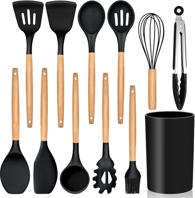 Cooking Utensils Set of 6, Silicone Kitchen Utensils with Wooden Handle, Non-Stick Cookware Friendly & Heat Resistant, Includes Spatula/Ladle/Slotted Turner/Serving Spoon/Spaghetti Server(Black) - Tekeno