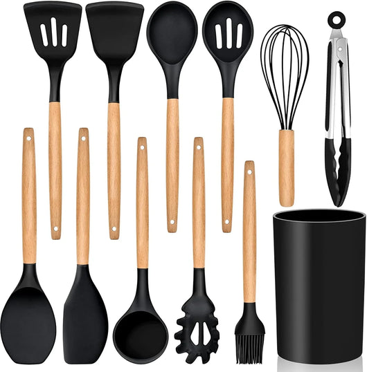 Cooking Utensils Set of 6, Silicone Kitchen Utensils with Wooden Handle, Non-Stick Cookware Friendly & Heat Resistant, Includes Spatula/Ladle/Slotted Turner/Serving Spoon/Spaghetti Server(Black) - Tekeno
