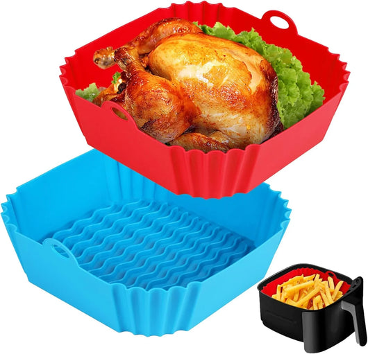 2 PCS Square Silicone Air Fryer Liners - 8 Inch Reusable Air Fryer Pot - Air Fryer Accessories - Air Fryer Inserts for 4 to 7 QT Oven Microwave Accessories (Red + Blue) - Tekeno