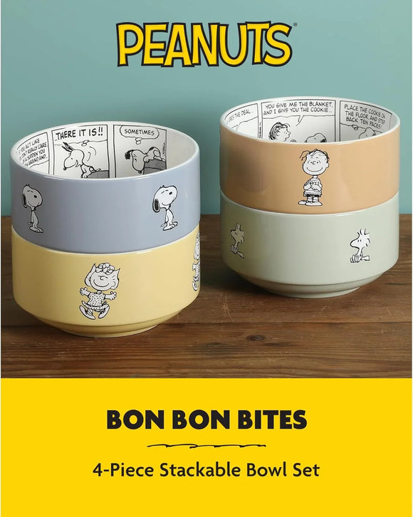 Conjunto de 4 tigelas empilháveis de grés Peanuts – Snoopy e amigos, 14 cm, adequado para micro-ondas e lava-louças